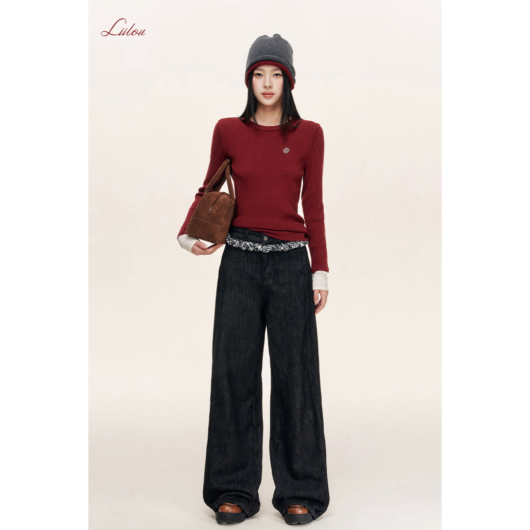 Liilou Plaid Stringy Lace Edge Wide-Leg Fleece-Lined Jeans