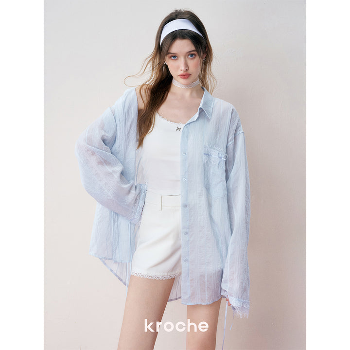 Kroche Lace Patchwork Ribbon Striped Shirt Blue