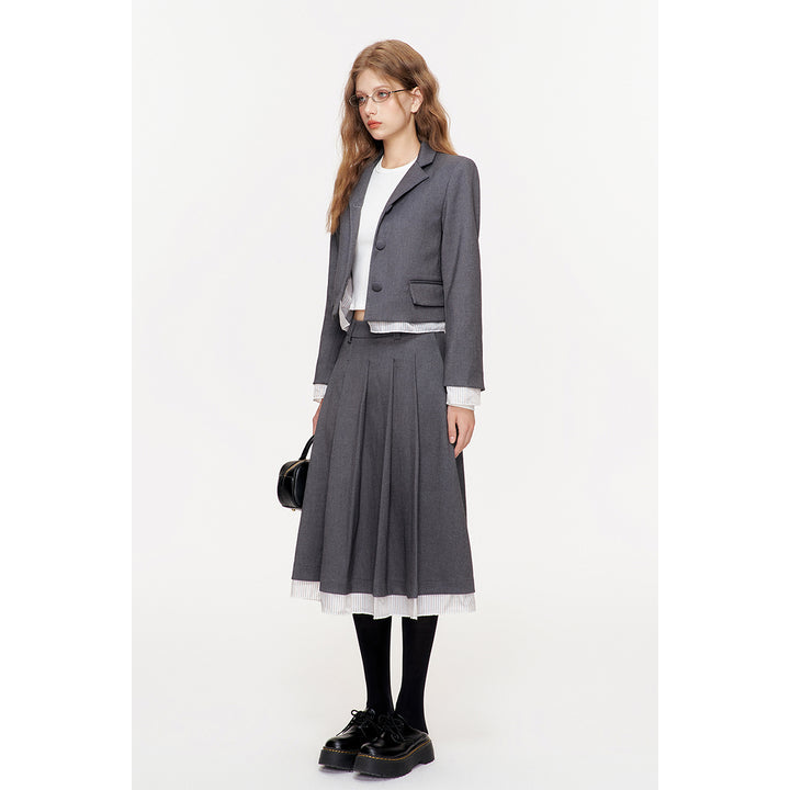 Kroche Striped Patchwork Pleated Long Skirt Gray