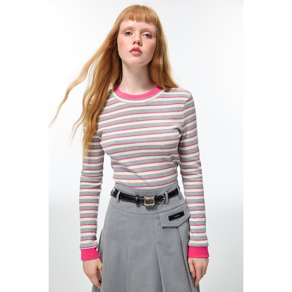 Alexia Sandra Striped Round Neck L/S Knit Top Grey/Pink - Mores Studio
