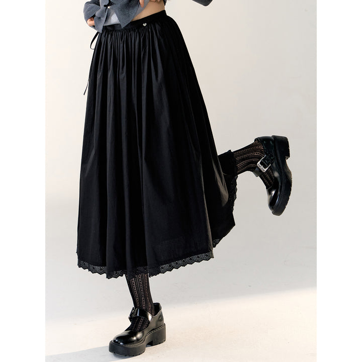 AsGony Lace Patchwork Drawstring Long Skirt Black