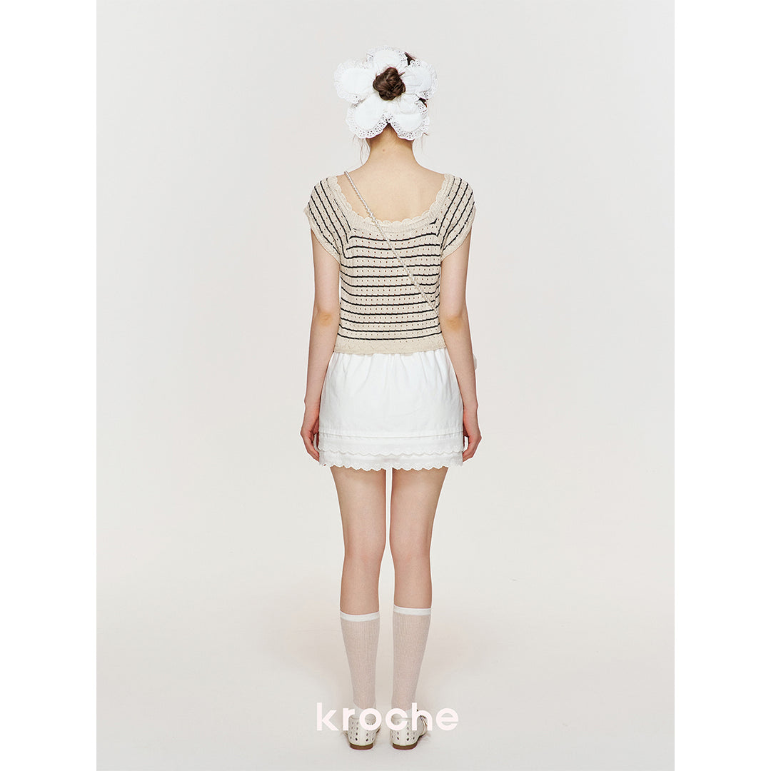 Kroche Hollow Out Lace Up Striped Knitted Top