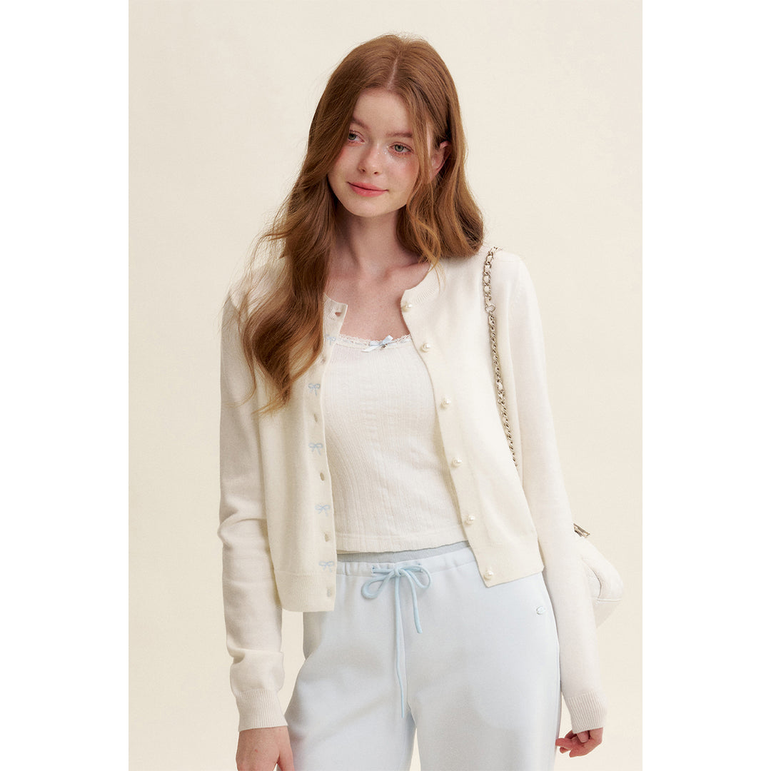 Kroche ﻿Bow Embroidery Pearl Button Knit Cardigan White