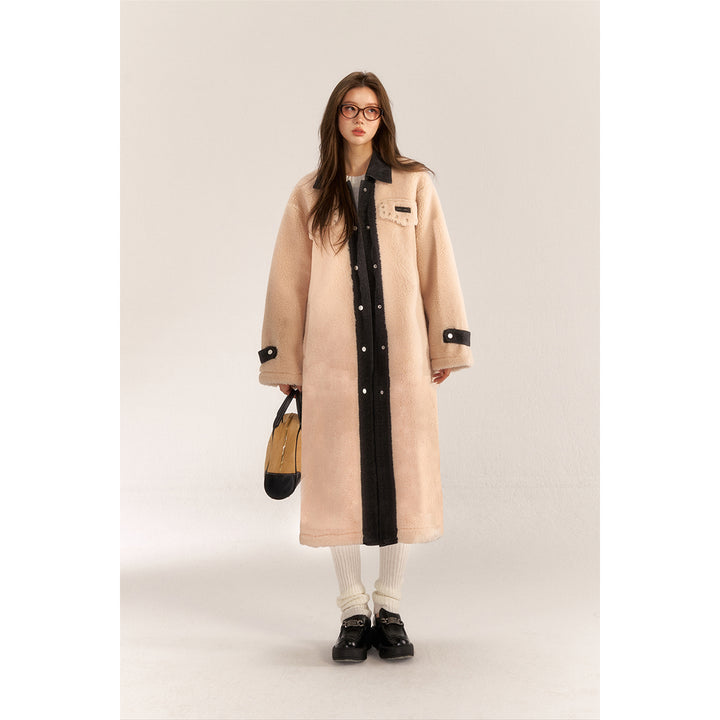 AsGony Fake-2-Piece Denim Patchwork Fleece Long Coat Beige