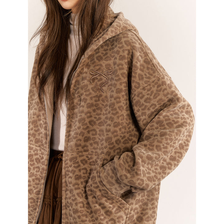 AsGony Leopard Bow Embroidery Hoodie Brown