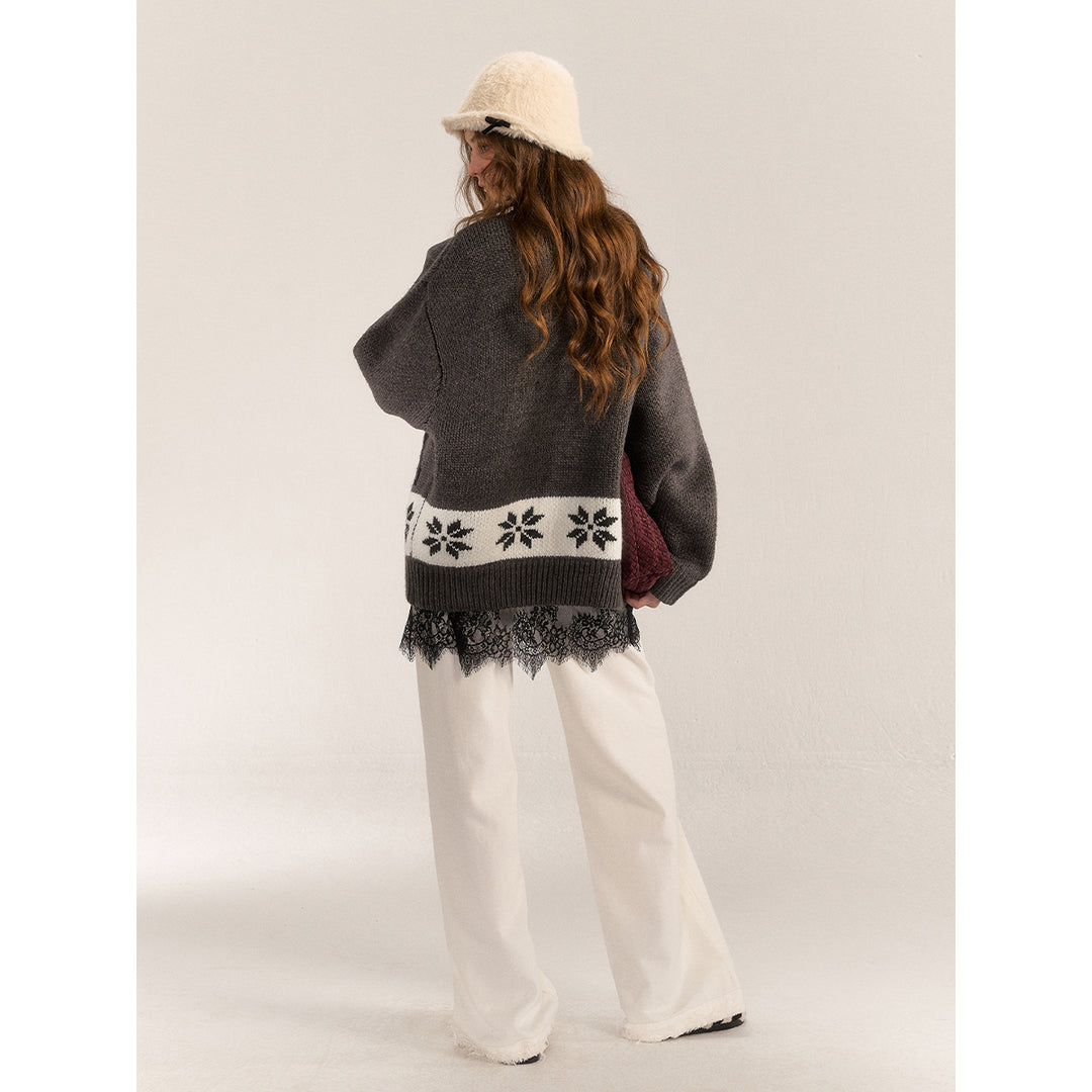 AsGony Color Blocked Woolen Knit Cardigan