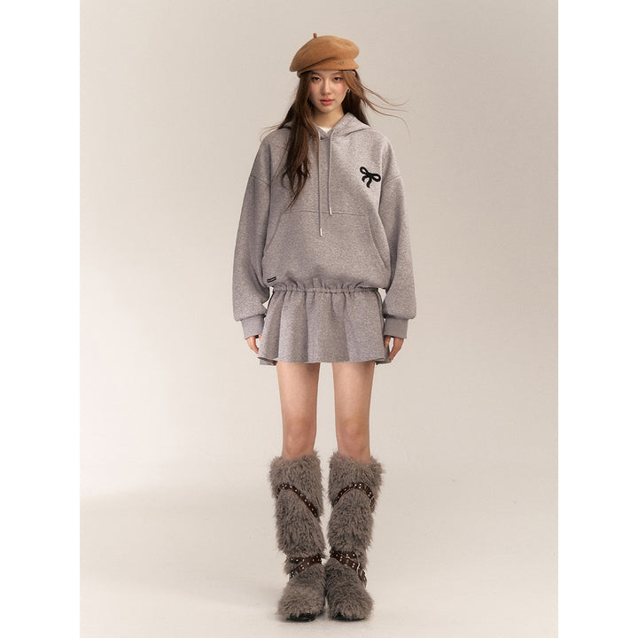 AsGony Bow Tie Hooded Waisting Sweat Dress Gray