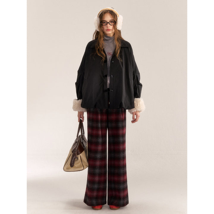 AsGony Retro Plaid Elastic-Waist Wide-Leg Pants