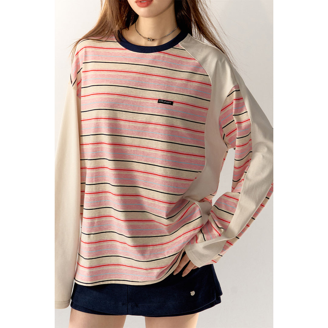 AsGony Contrast Color Striped Casual L/S T-Shirt Pink