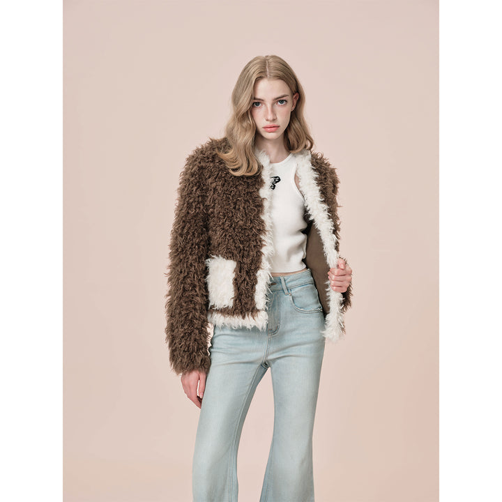 Rocha Roma Color Blocked Curly Fur Jacket Brown