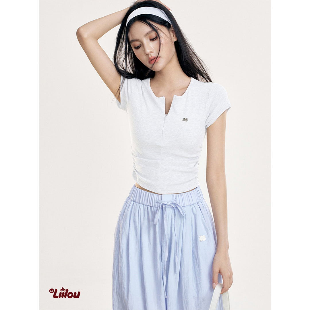 Liilou Zip Up Pleated Waisted Slim T-Shirt White