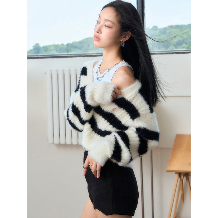 NotAwear Color Blocked Striped Knit Cardigan Black - Mores Studio