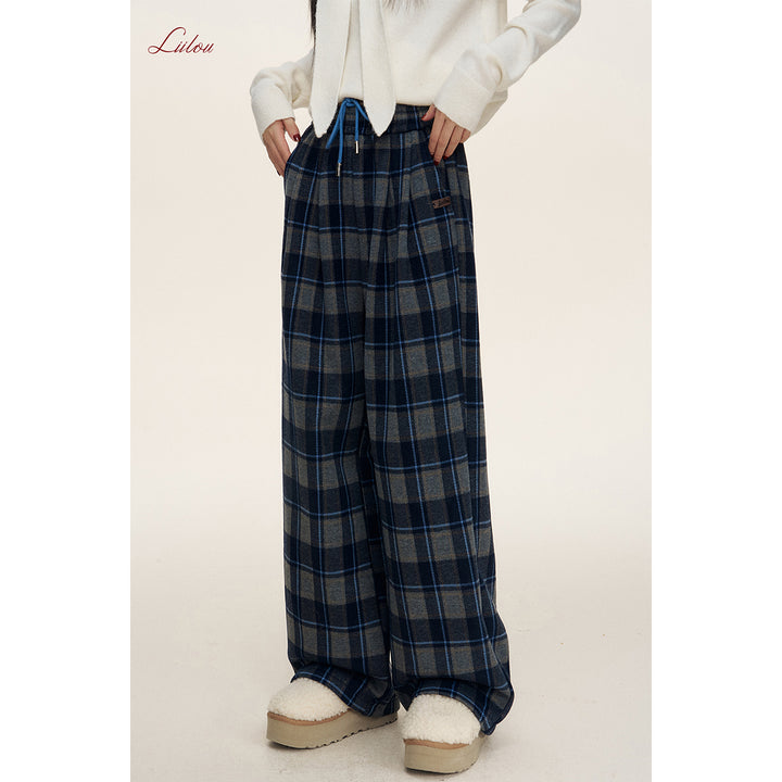 Liilou Contrast Color Plaid Tweed Thicken Casual Pants