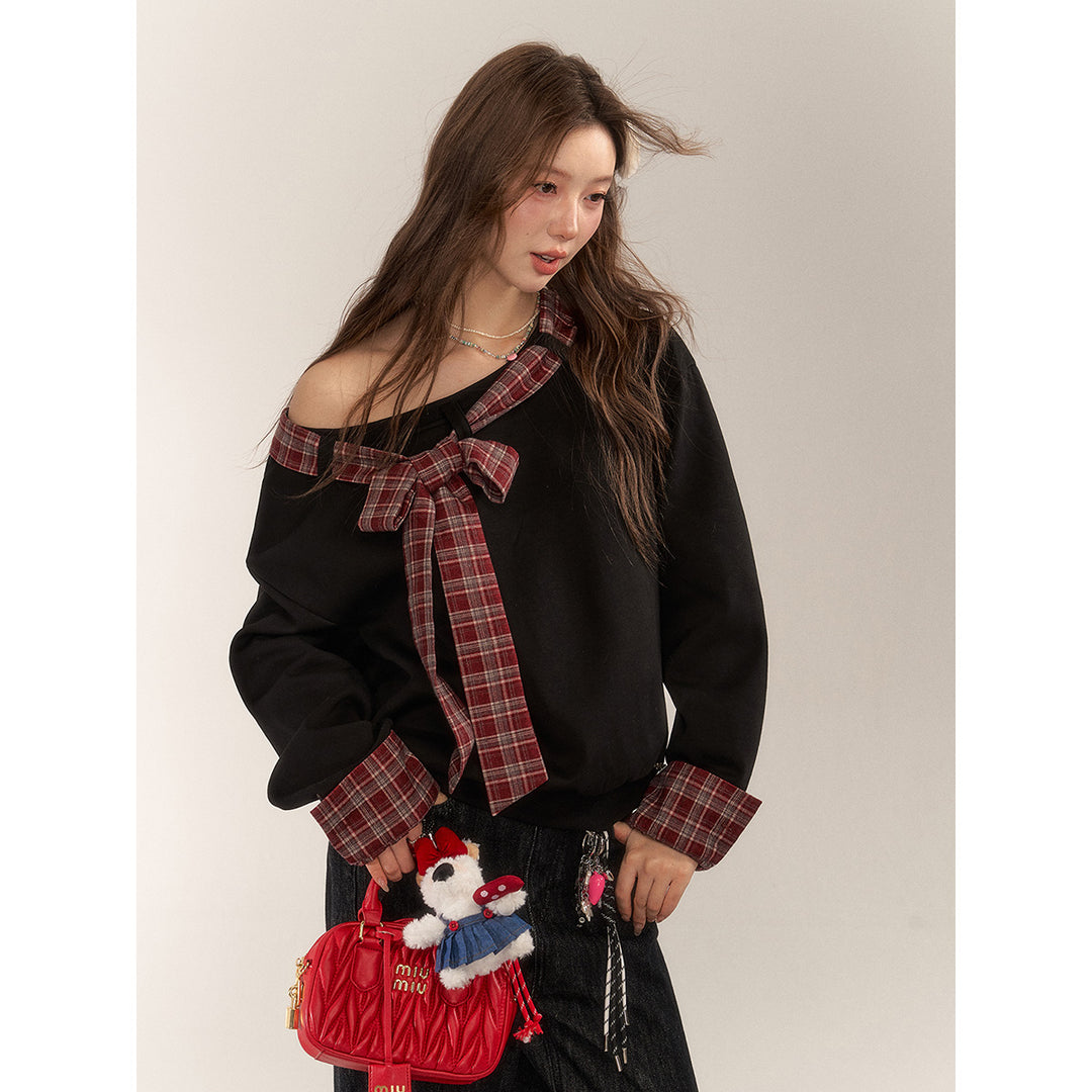 AsGony Plaid Patchwork Bow Tie Fleece-Lined Sweater