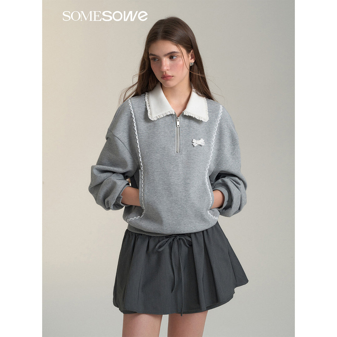 SomeSowe Contrast Color Lace Edge Polo Sweatshirt Gray