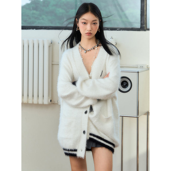 NotAwear Color Blocked Fluffy Faux Mink Cardigan White - Mores Studio