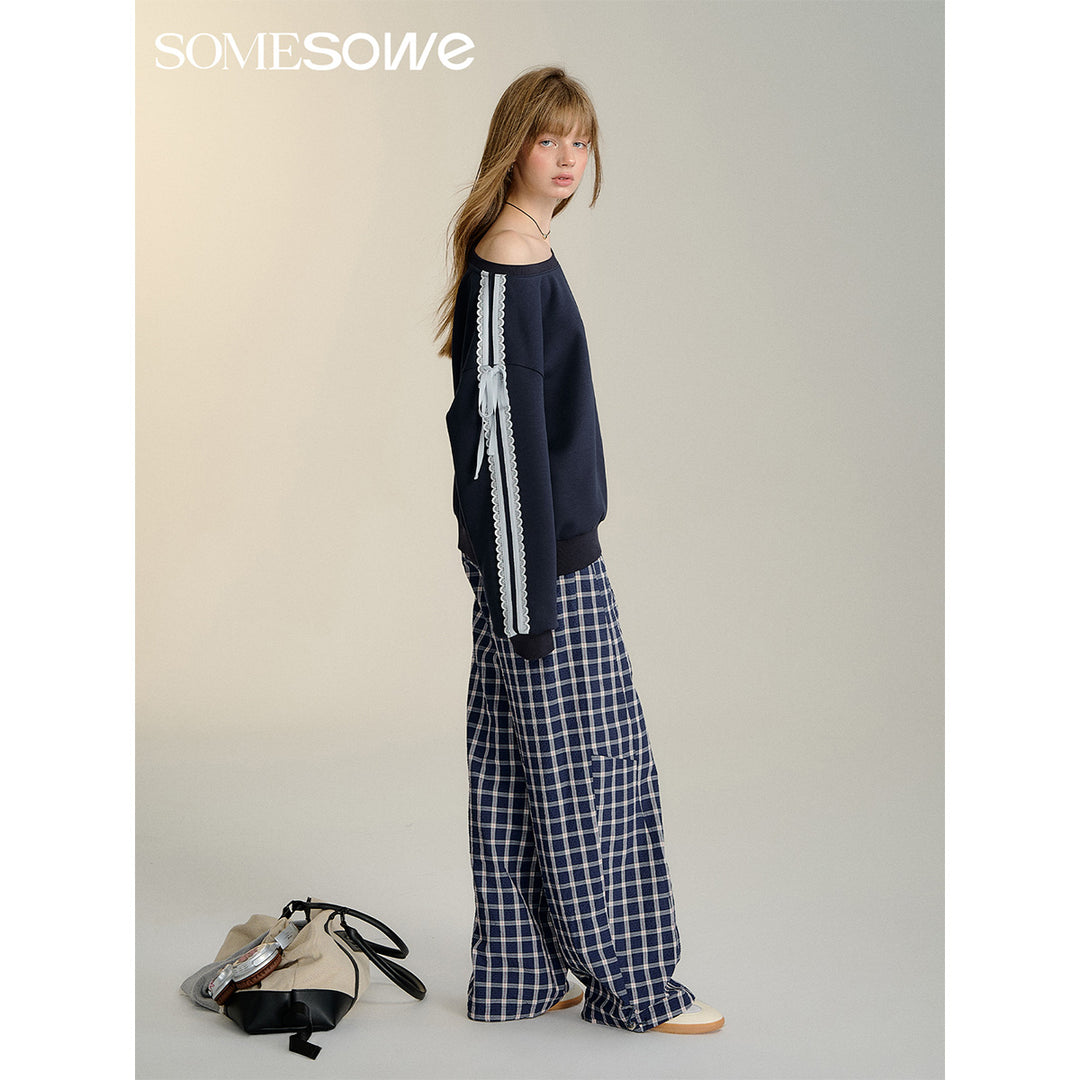 SomeSowe Drawstring Plaid Wide-Leg Pants Blue