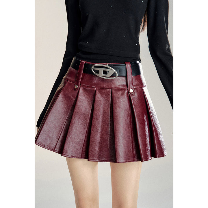 MacyMccoy Retro A-Line Pleated Leather Skirt Red