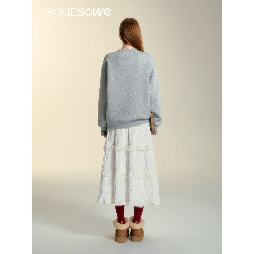 SomeSowe Ruffled Velvet Puffy Long Skirt White