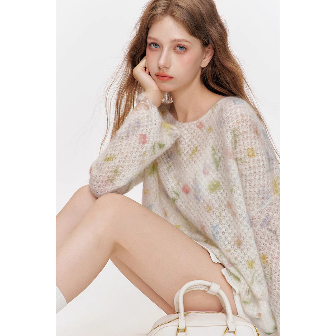 Kroche Hand-Drawn Floral Mohair Destroyed Knit Top