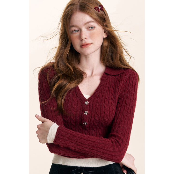 Kroche Fake-2-Piece Lapel V-Neck Knit Top Red