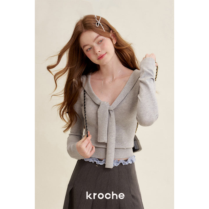 Kroche Blended Woolen Sailor Collar Knit Top Light Gray