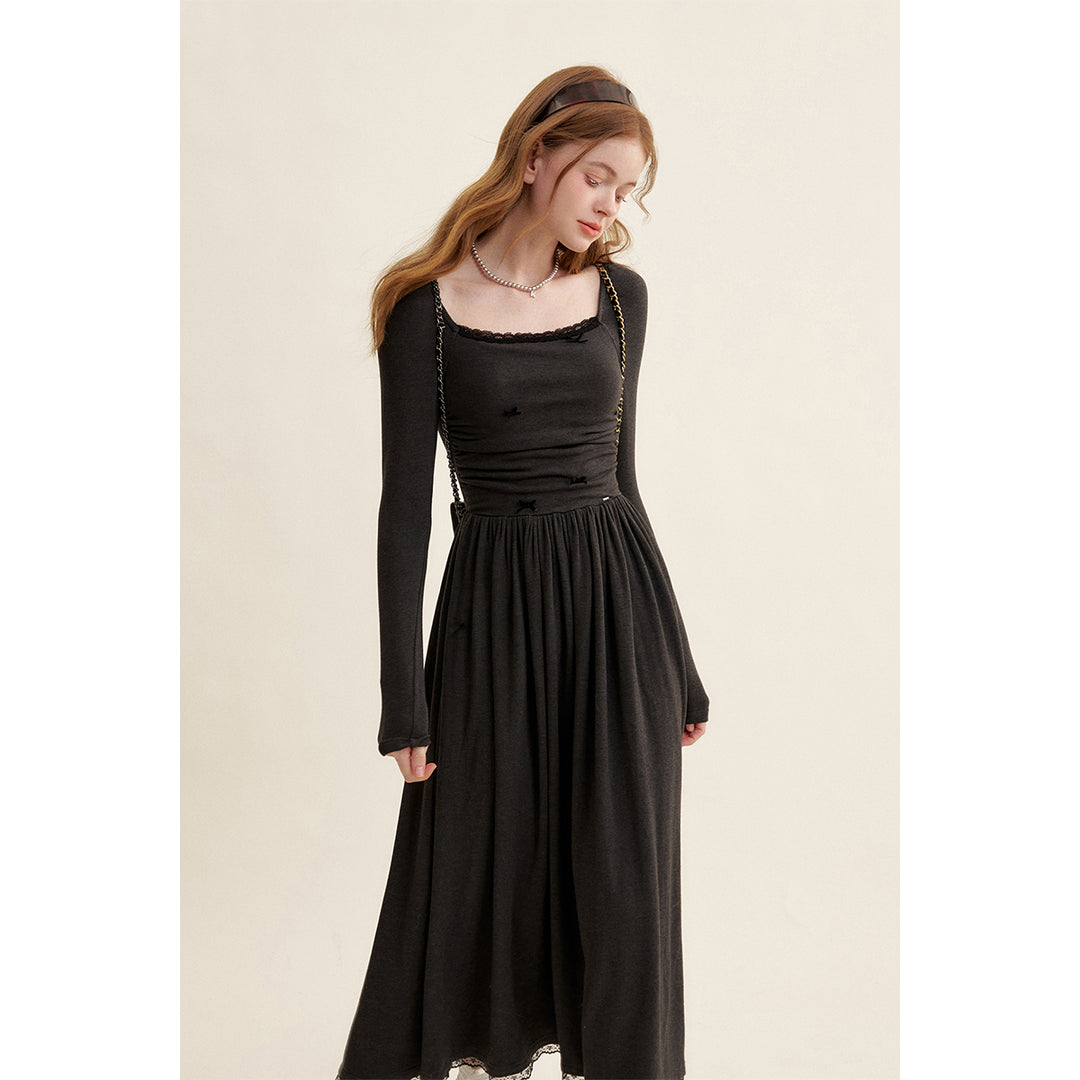 Kroche Velvet Bow Square Neck Waisted Dress Black