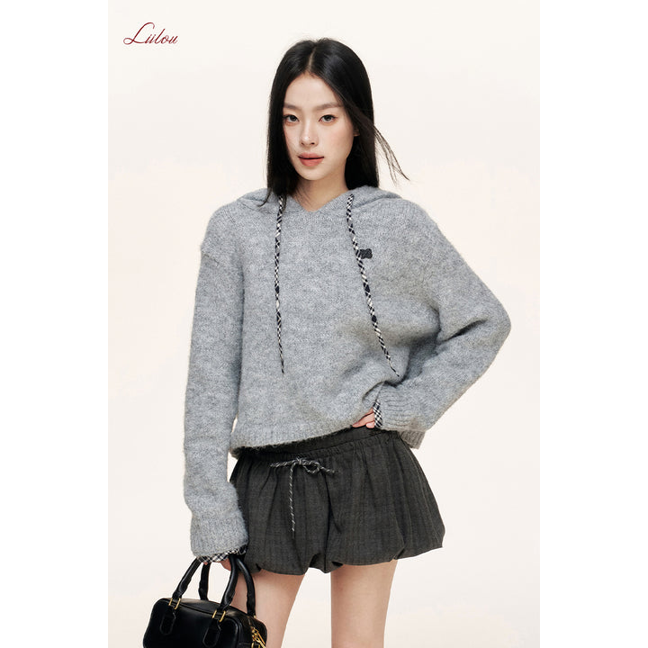 Liilou Plaid Drawstring Hooded Casual Knit Sweater