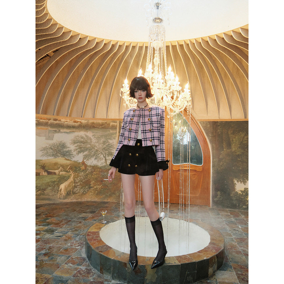Eimismosol Tweed Gold Button Blazer & Velvet Skirt Shorts Set - Mores Studio