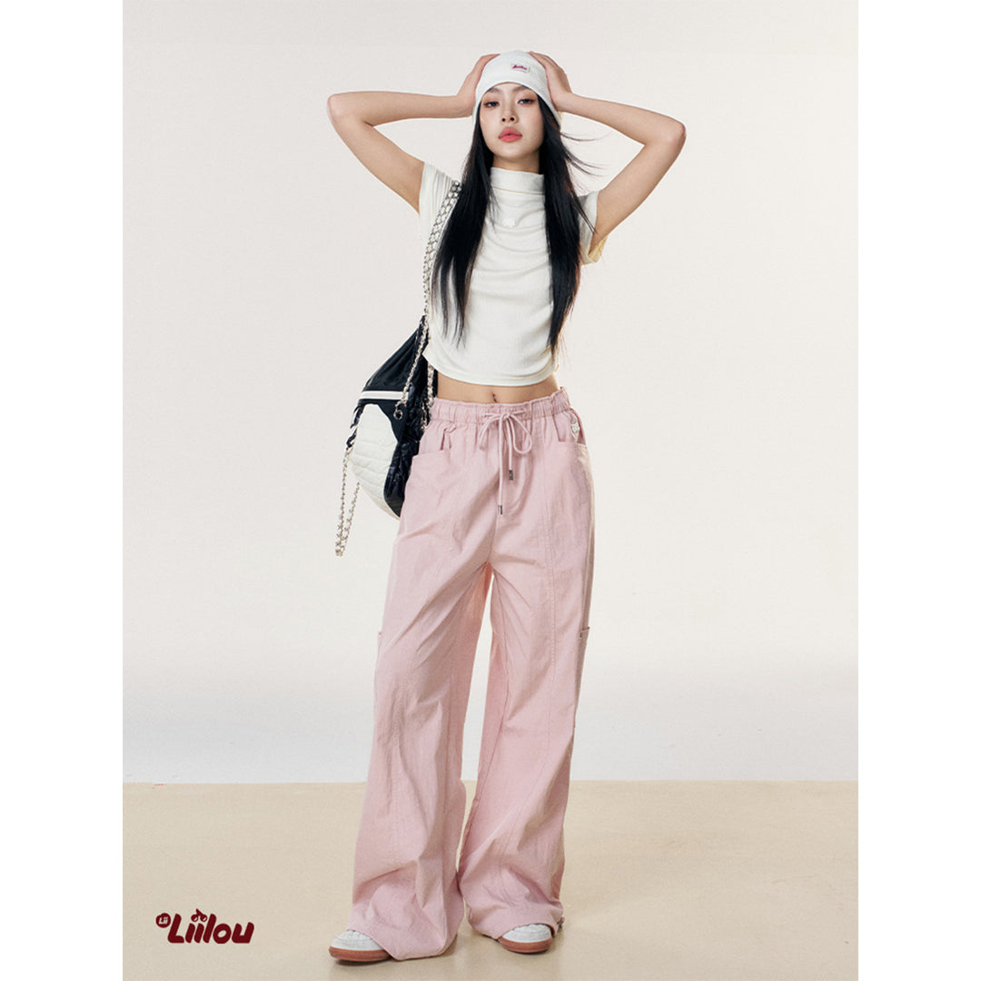 Liilou Drawstring Lace-Up Wide-Leg Cargo Pants Pink