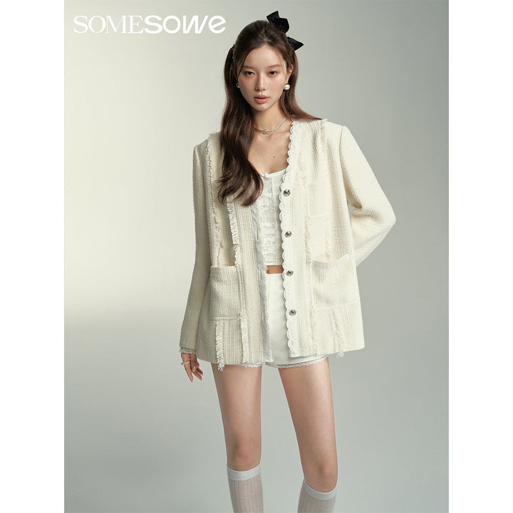 SomeSowe Lace Edge V-Neck Tassel Blazer White