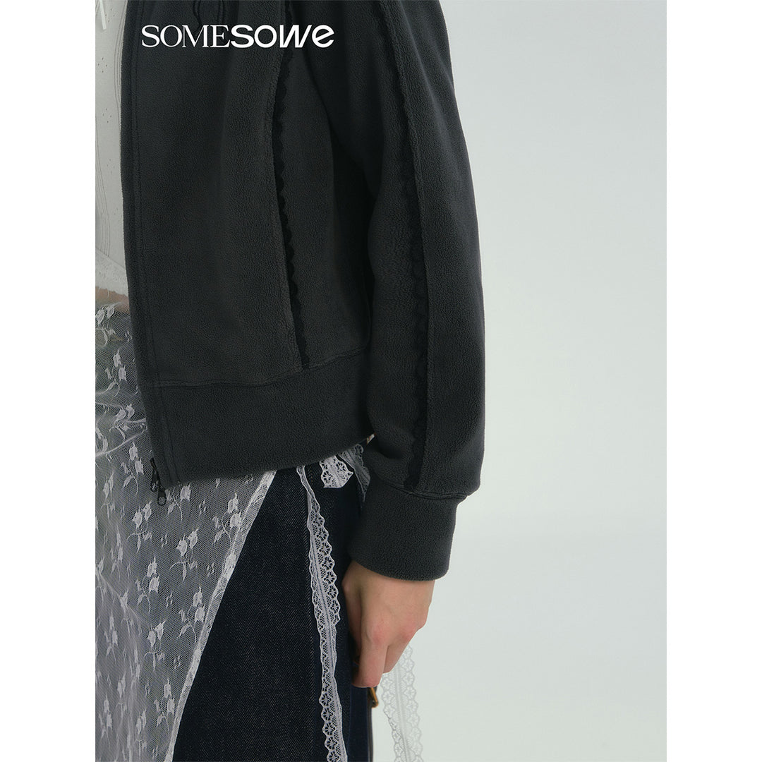 SomeSowe Lace Patchwork Fleece Jacket Dark Gray