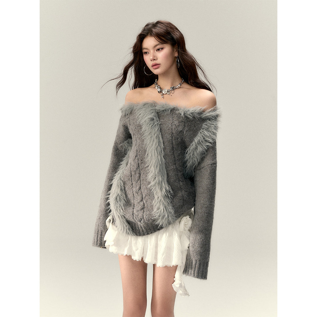 Via Pitti Off Shoulder Fur Integrated Knit Sweater Gray