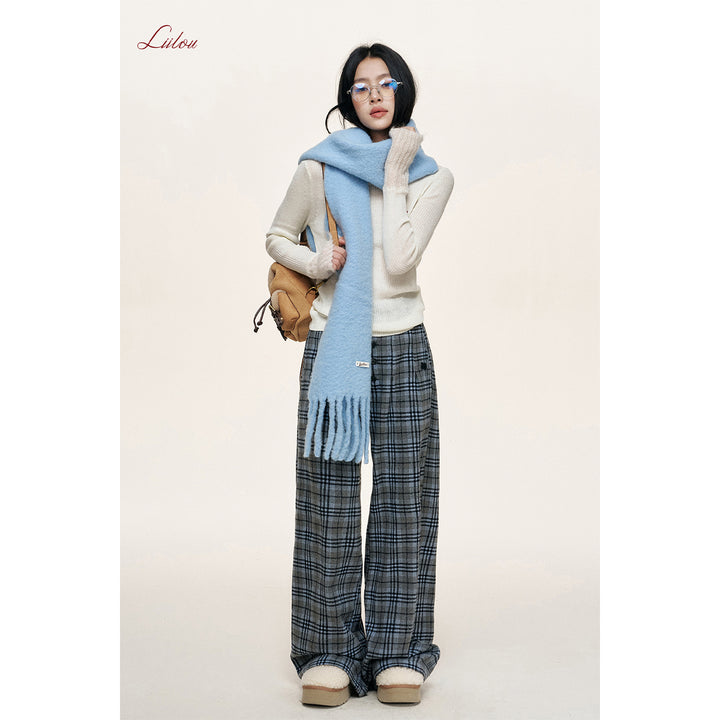 Liilou Plaid Contrast Color Wide-Leg Tweed Pants Blue