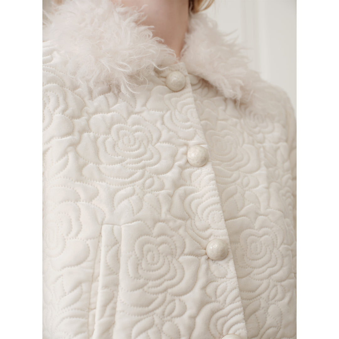 Rocha Roma Floral Velvet Fur Collar Padded Jacket White