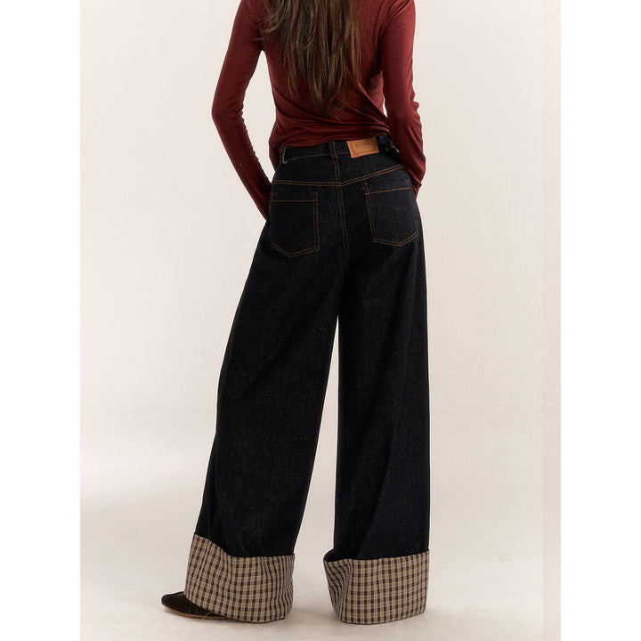 AsGony Plaid Patchwork Turn Over Edge Wide-Leg Jeans