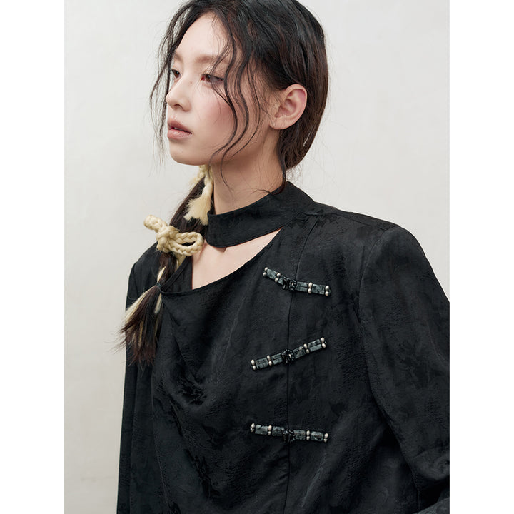 Anno Mundi Beaded Chinese-Style Jacquard Shirt Black