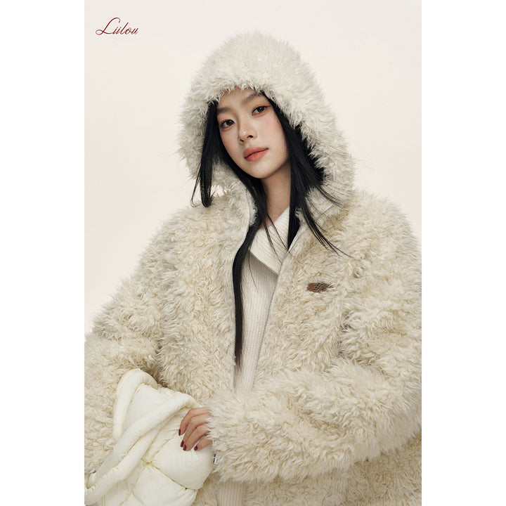 Liilou Fur Integrated Curly-Fur Hooded Woolen Fleece Jacket