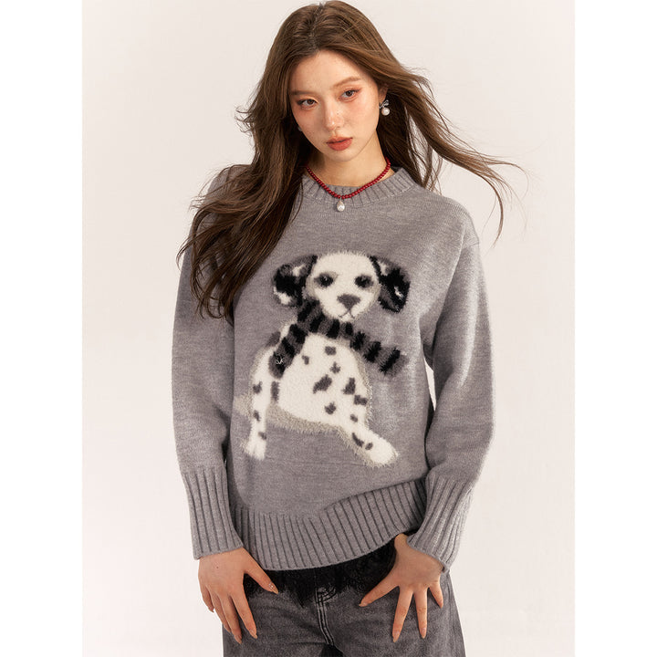 AsGony Spotted Puppy Knit Sweater Gray