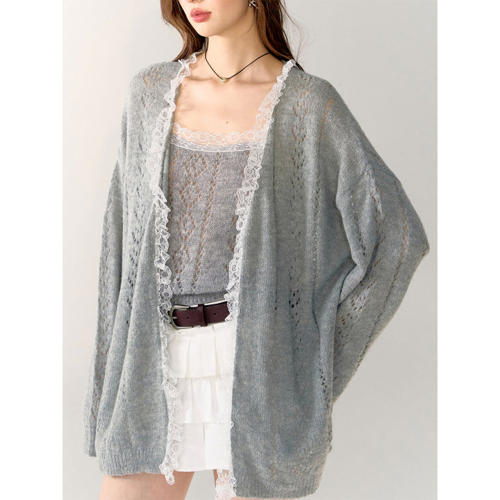 AsGony Lace Edge Hollow Cutting Knit Cardigan Gray