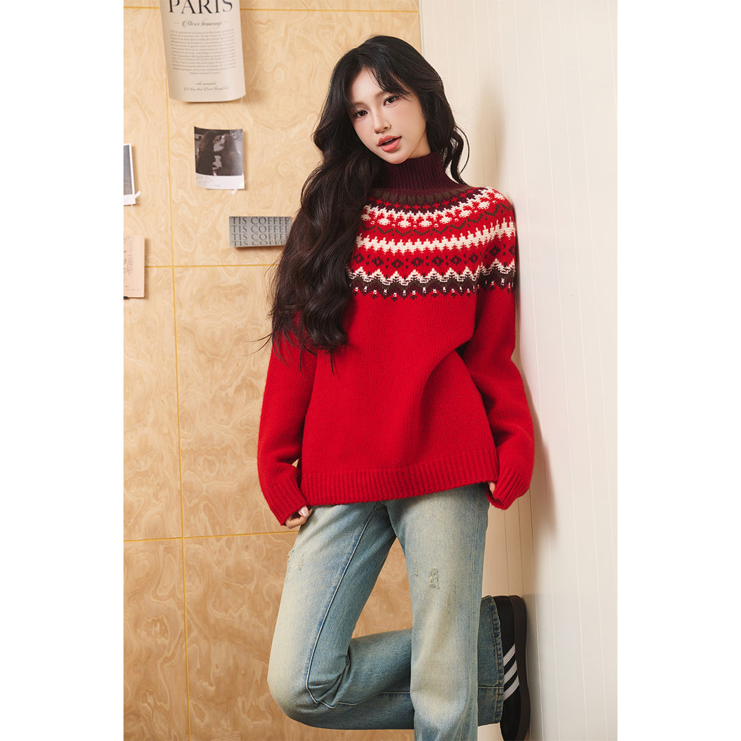 Three Quarters Fair Isle Jacquard Color Contrast High Collar Sweater Red