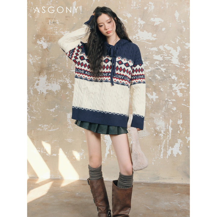 AsGony Fair Isle Oversized Knit Sweater Navy - Mores Studio