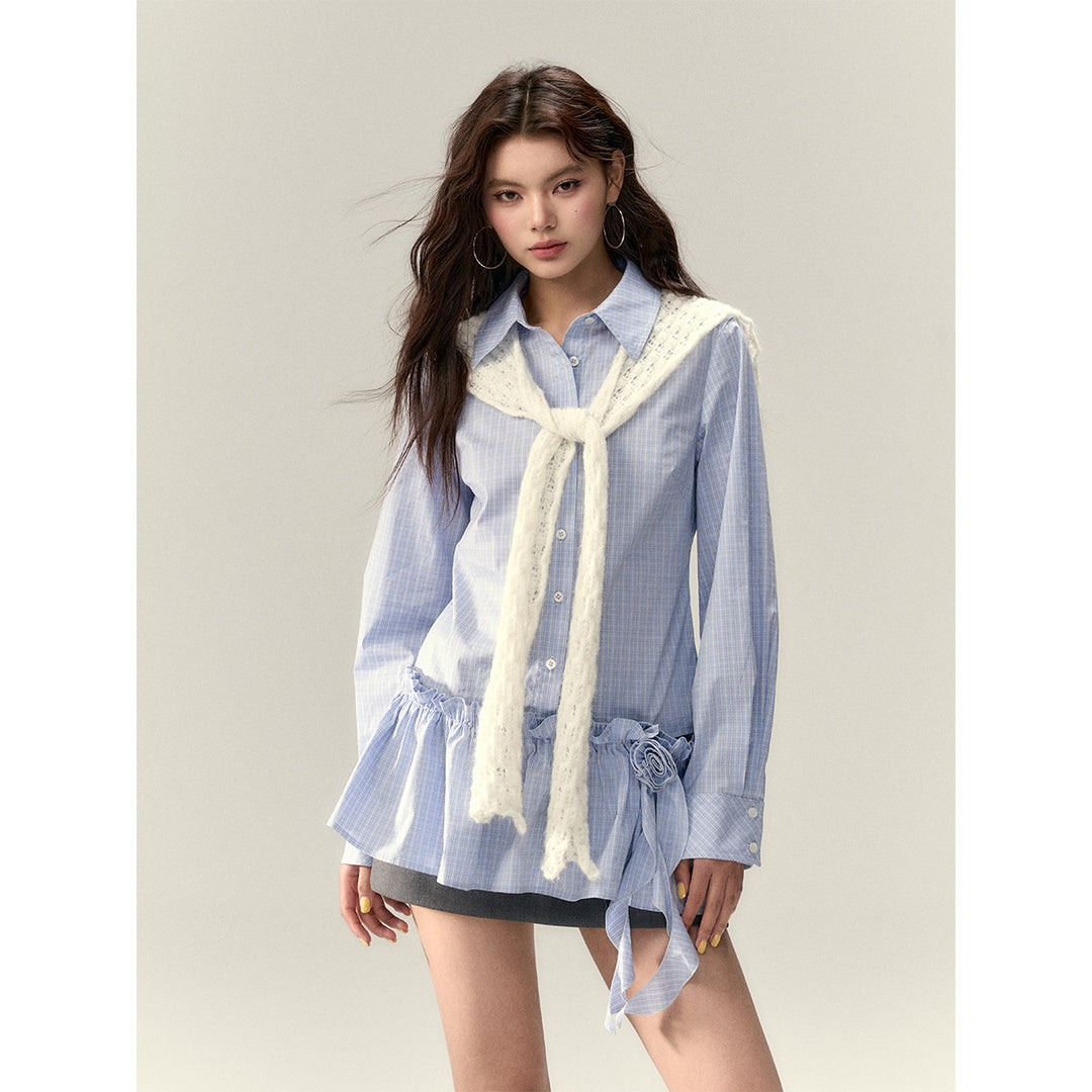 Via Pitti Rose Brooch Detachable Two-Way Shirt Dress Blue