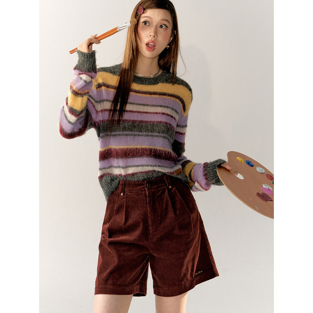 AsGony Contrast Color Striped Knit Sweater Purple