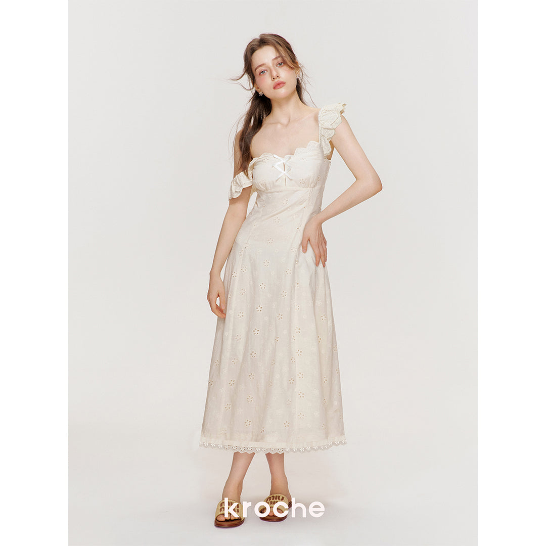 Kroche Hollow Out Embroidered Lace Long Dress Beige