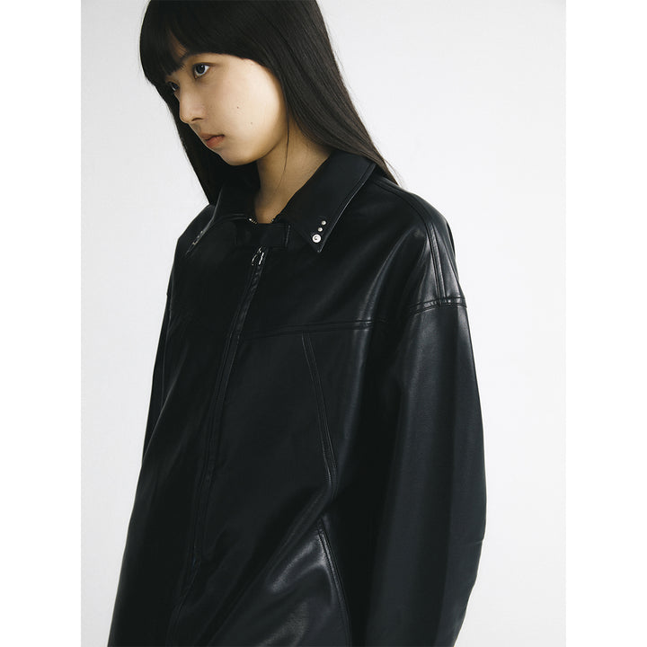 IFIK Oversized Zipper Leather Hooded Coat Black - Mores Studio