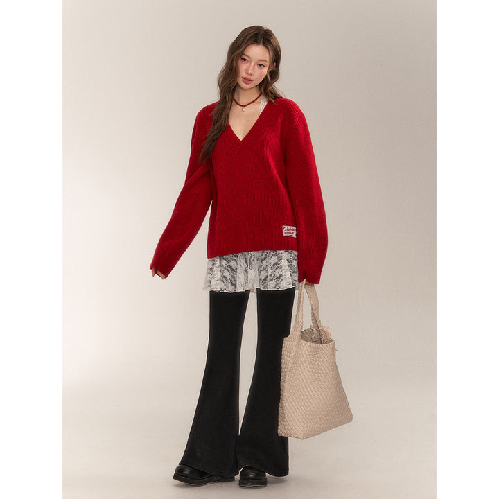 AsGony Retro V-Neck Casual Knit Sweater Red