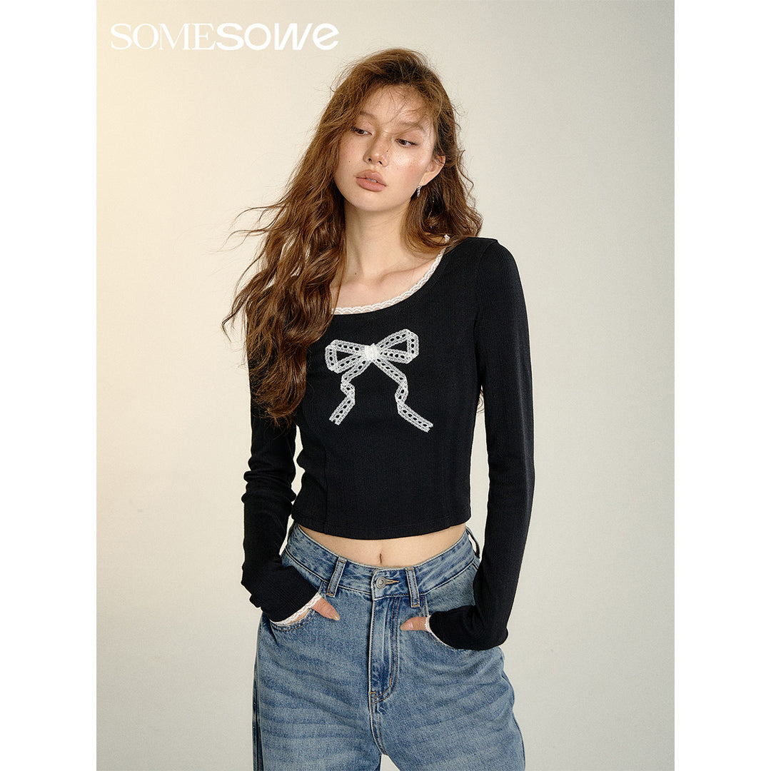 SomeSowe Lace Bow Splice Long Sleeve T-Shirt