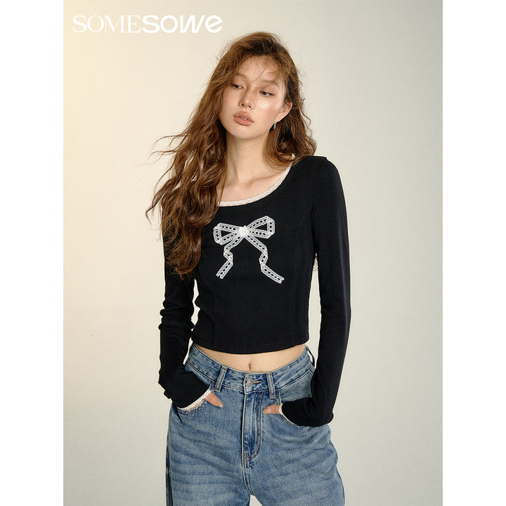 SomeSowe Lace Bow Splice Long Sleeve T-Shirt