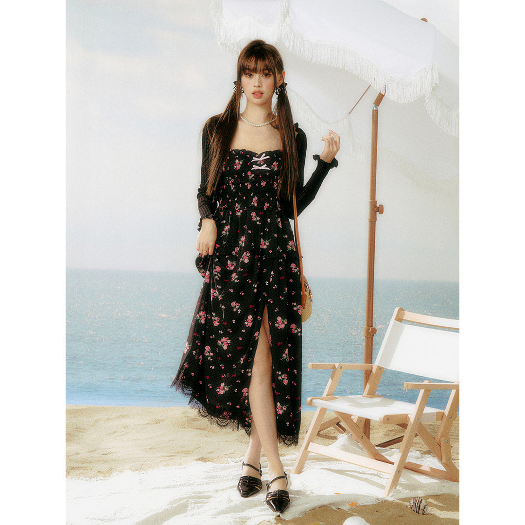 AsGony Lace Patchwork Floral Slip Long Dress Black